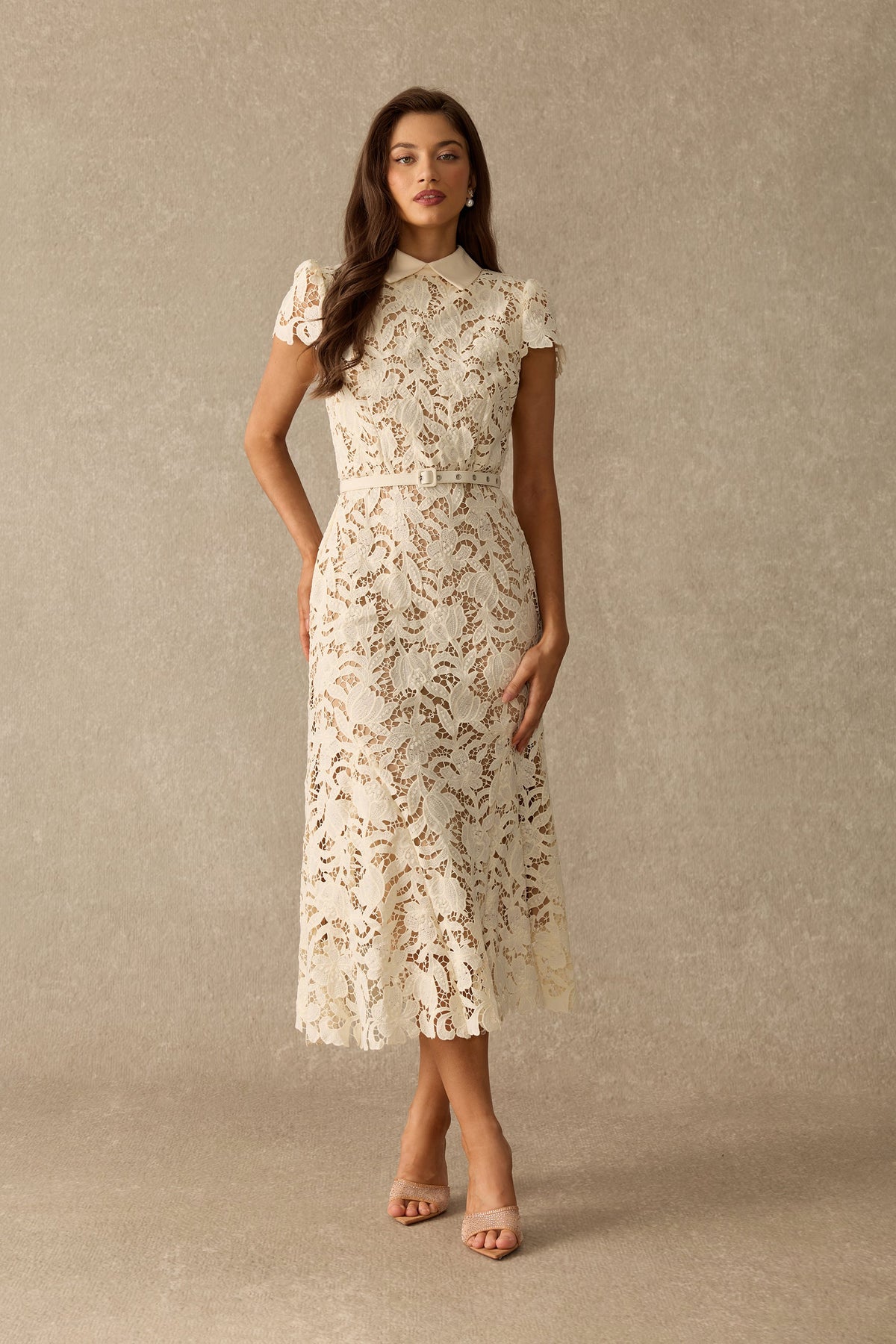Floral Lace Belted Cap-Sleeve Mermaid Formal Midi Dress
