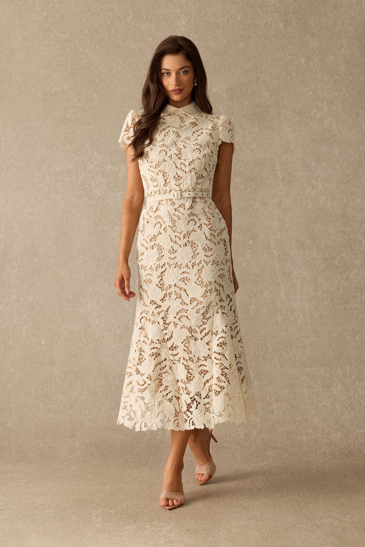 Floral Lace Belted Cap-Sleeve Mermaid Formal Midi Dress
