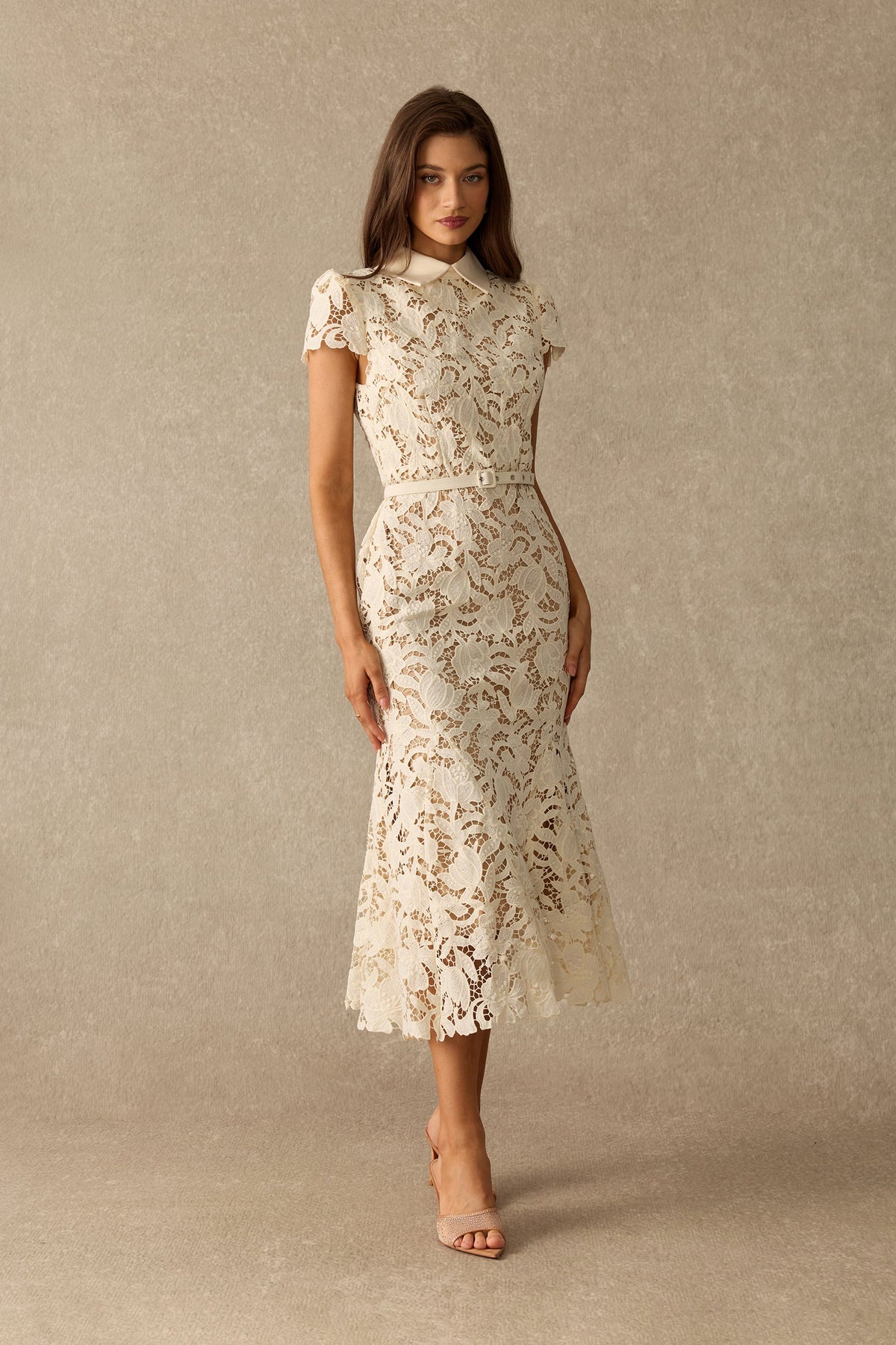 Floral Lace Belted Cap-Sleeve Mermaid Formal Midi Dress
