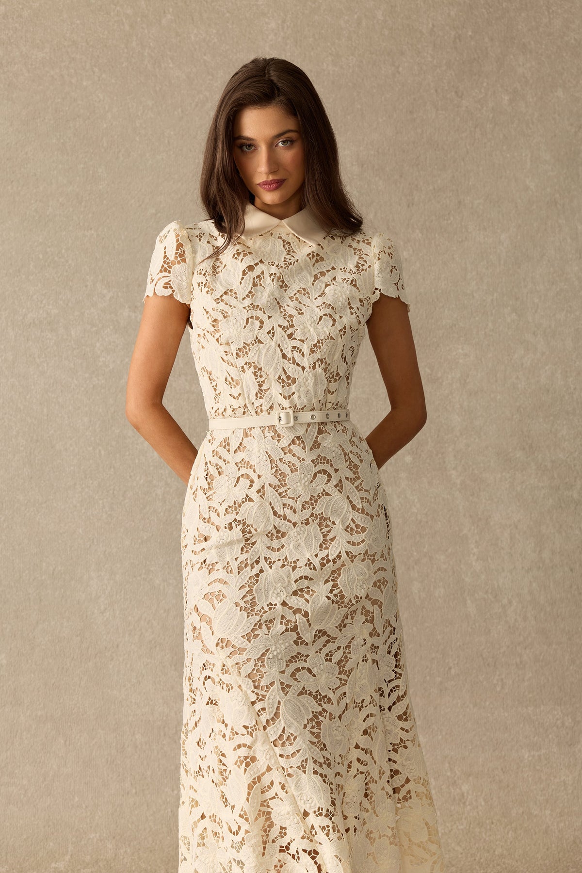 Floral Lace Belted Cap-Sleeve Mermaid Formal Midi Dress
