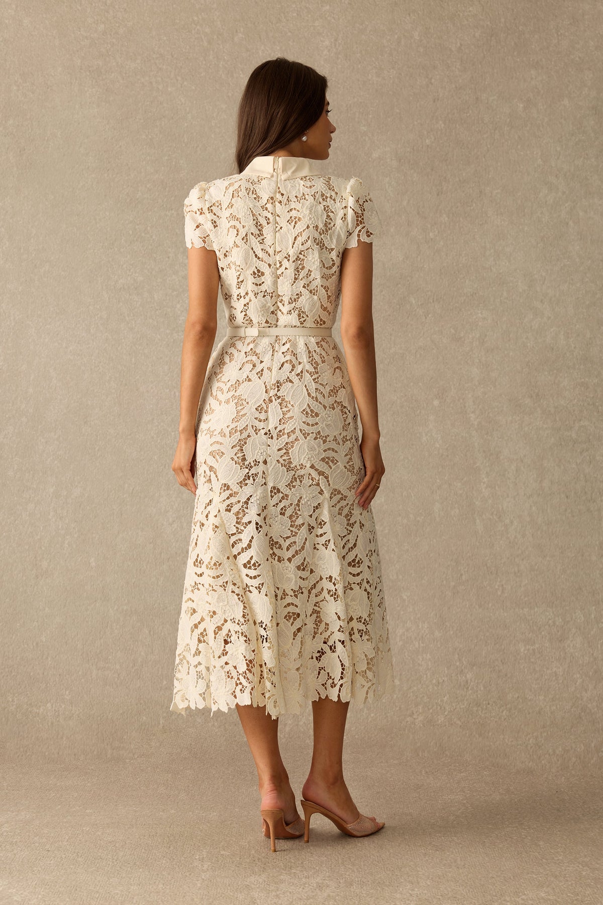 Floral Lace Belted Cap-Sleeve Mermaid Formal Midi Dress