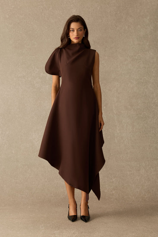Draped High-Neck One Puff-Sleeve Metal Accent Asymmetric Hem Midi Dress