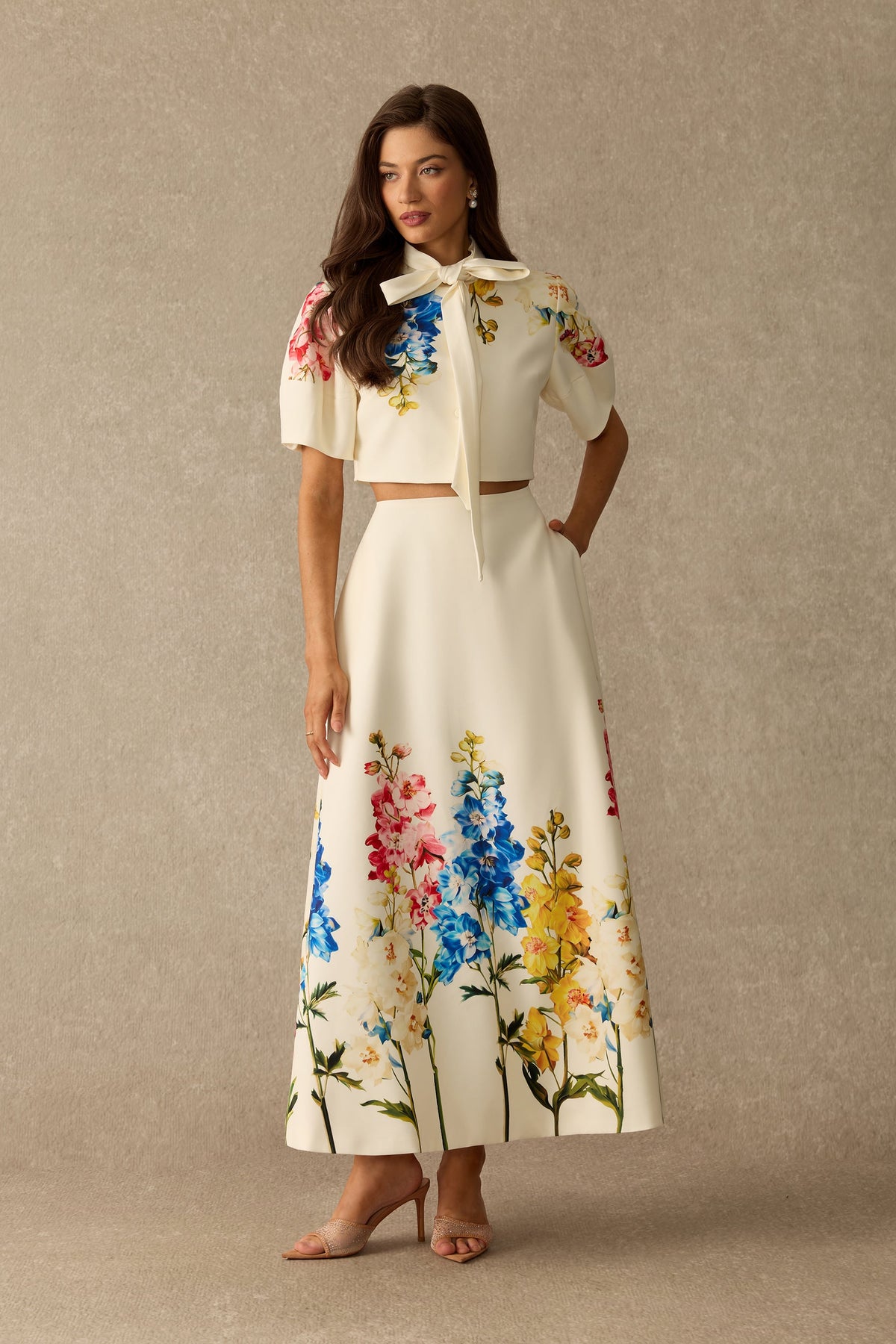 Floral Print Tie Neck Puff-Sleeve Cropped Top & Maxi Skirt Set