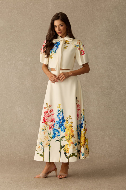 Floral Print Tie Neck Puff-Sleeve Cropped Top & Maxi Skirt Set