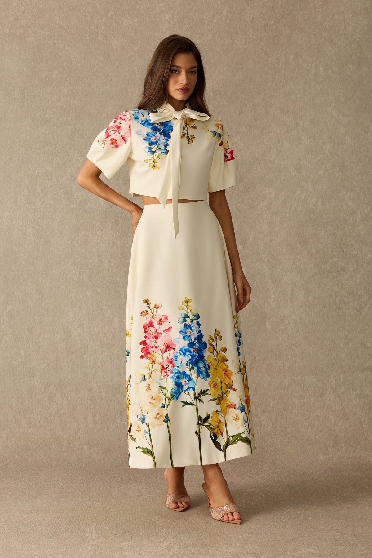 Floral Print Tie Neck Puff-Sleeve Cropped Top & Maxi Skirt Set