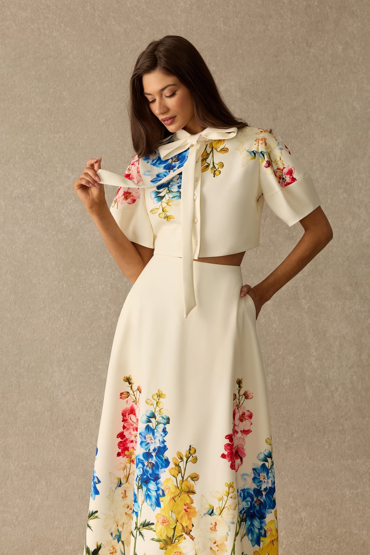 Floral Print Tie Neck Puff-Sleeve Cropped Top & Maxi Skirt Set