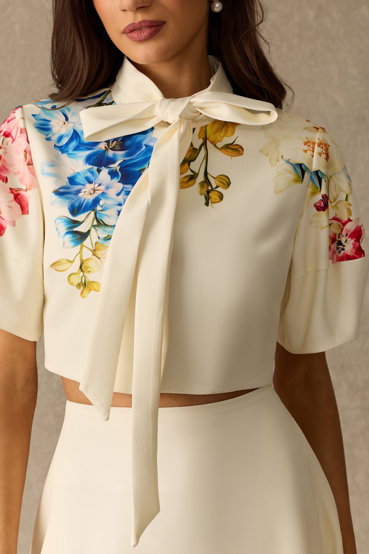 Floral Print Tie Neck Puff-Sleeve Cropped Top & Maxi Skirt Set