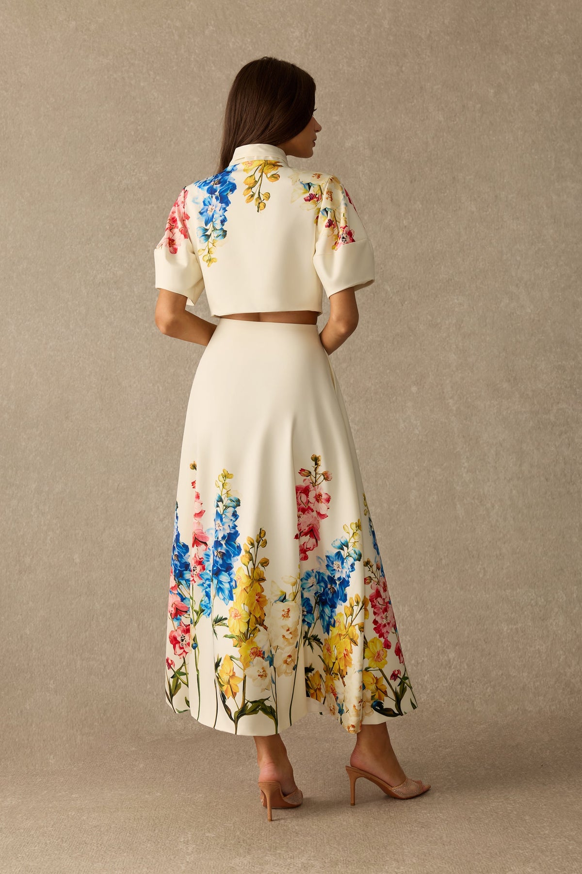 Floral Print Tie Neck Puff-Sleeve Cropped Top & Maxi Skirt Set