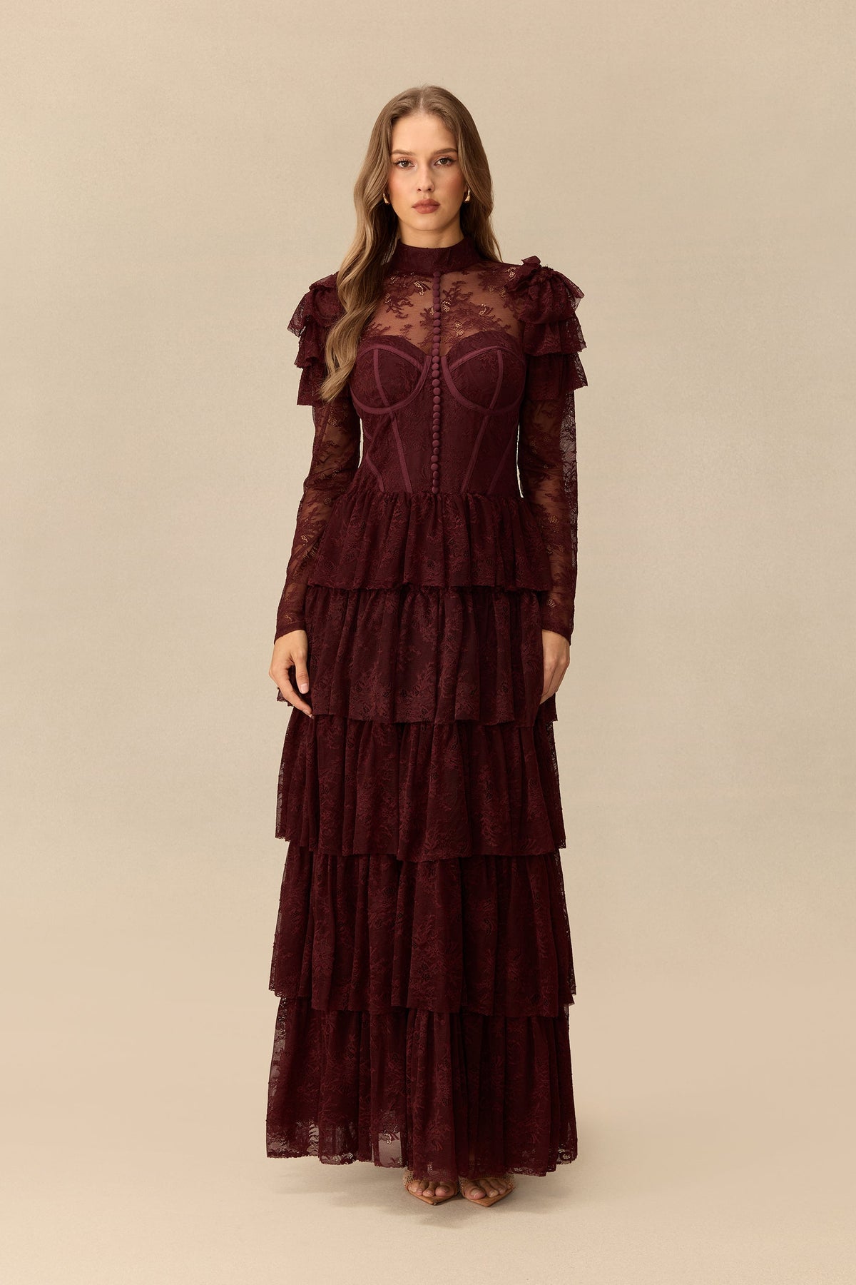 Lace Tiered Ruffle Shoulder Detail Long Sheer Sleeves High-Neck Maxi Dress