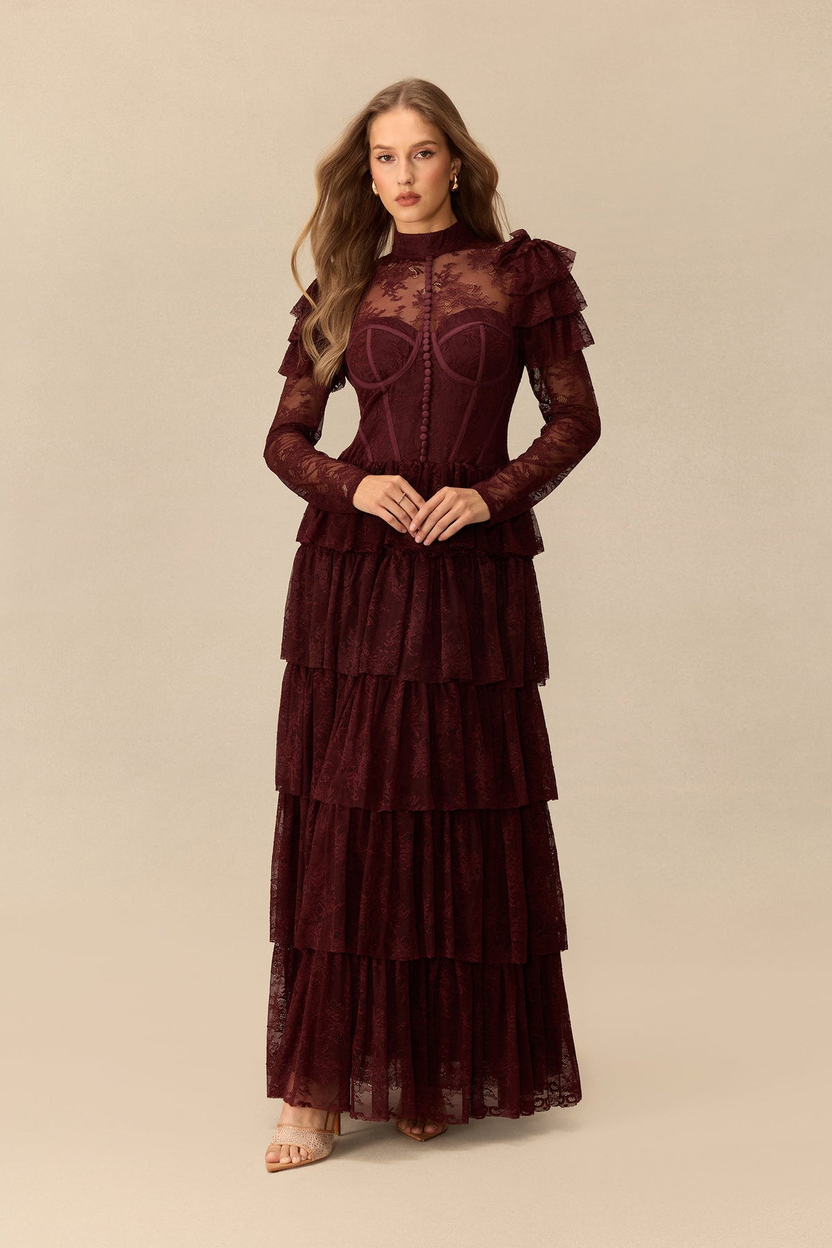 Lace Tiered Ruffle Shoulder Detail Long Sheer Sleeves High-Neck Maxi Dress