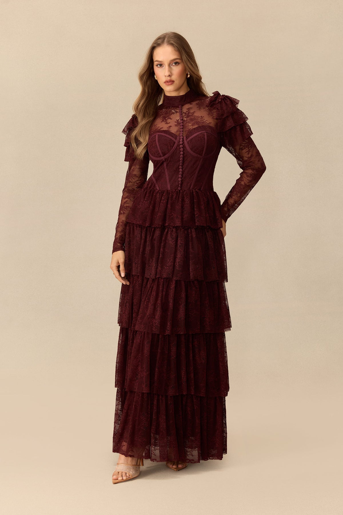 Lace Tiered Ruffle Shoulder Detail Long Sheer Sleeves High-Neck Maxi Dress