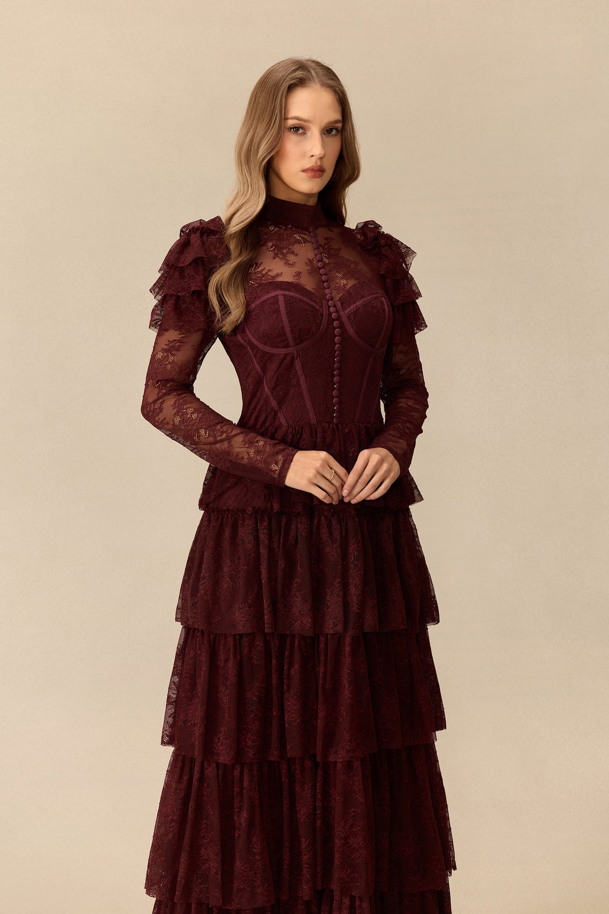 Lace Tiered Ruffle Shoulder Detail Long Sheer Sleeves High-Neck Maxi Dress