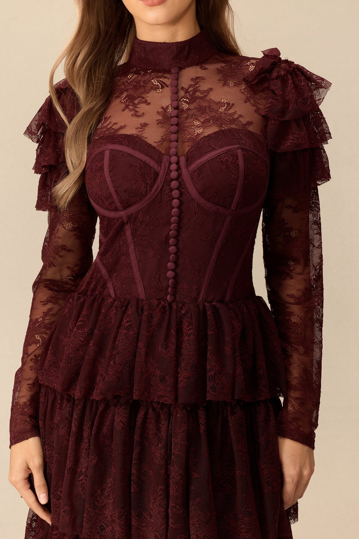 Lace Tiered Ruffle Shoulder Detail Long Sheer Sleeves High-Neck Maxi Dress