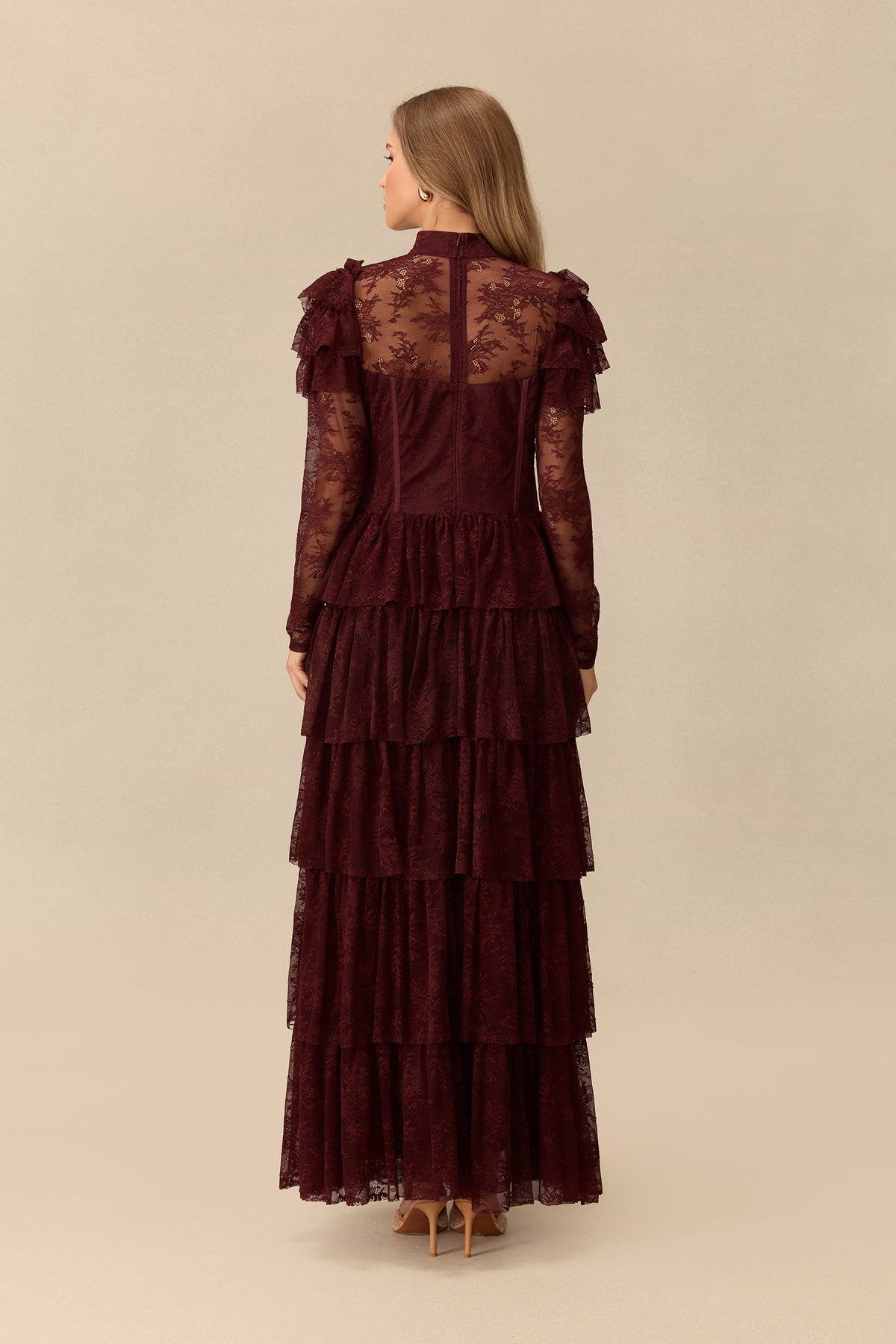 Lace Tiered Ruffle Shoulder Detail Long Sheer Sleeves High-Neck Maxi Dress