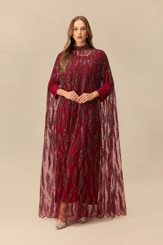 Sequin Embroidered Cape Sleeves Wedding Guest Maxi Dress