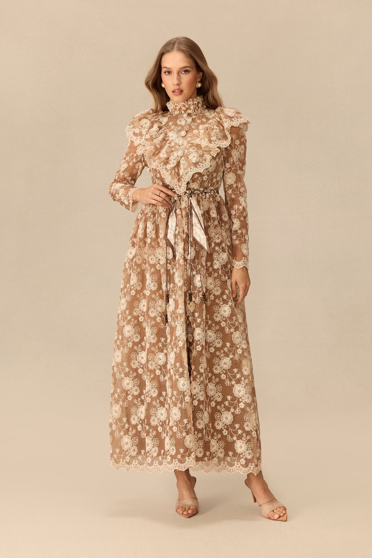 Floral Lace Ruffle Shoulder Long-Sleeve Belted Maxi Dress