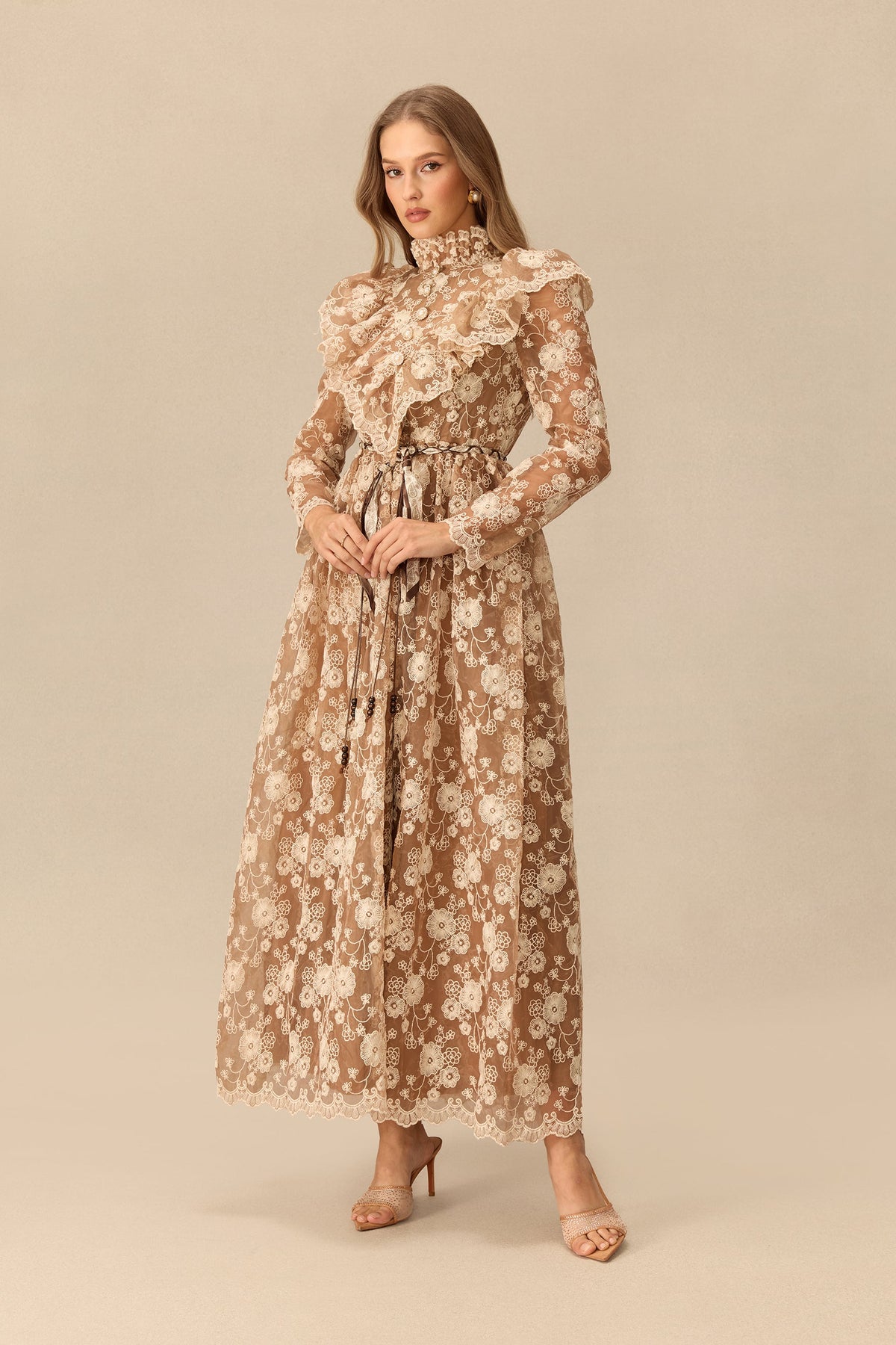 Floral Lace Ruffle Shoulder Long-Sleeve Belted Maxi Dress