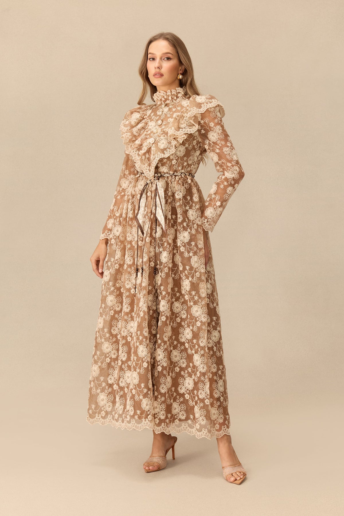 Floral Lace Ruffle Shoulder Long-Sleeve Belted Maxi Dress