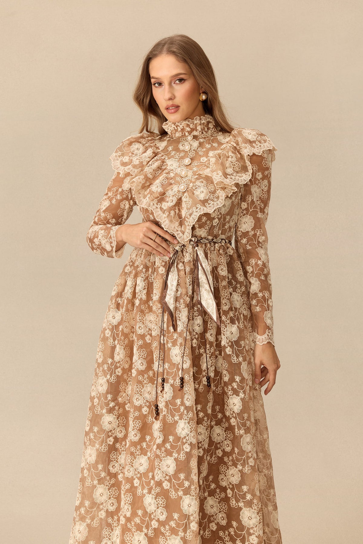 Floral Lace Ruffle Shoulder Long-Sleeve Belted Maxi Dress