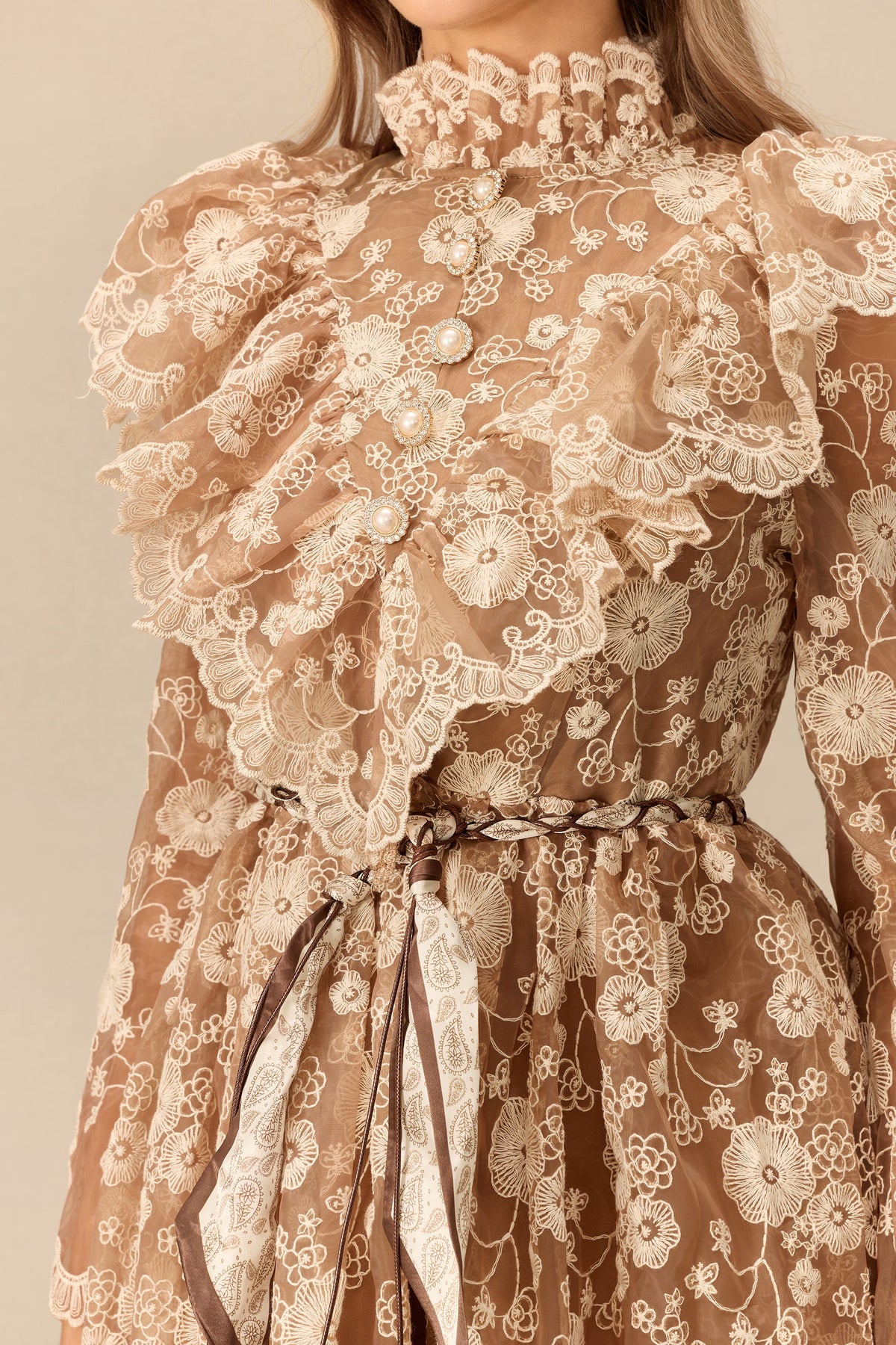 Floral Lace Ruffle Shoulder Long-Sleeve Belted Maxi Dress