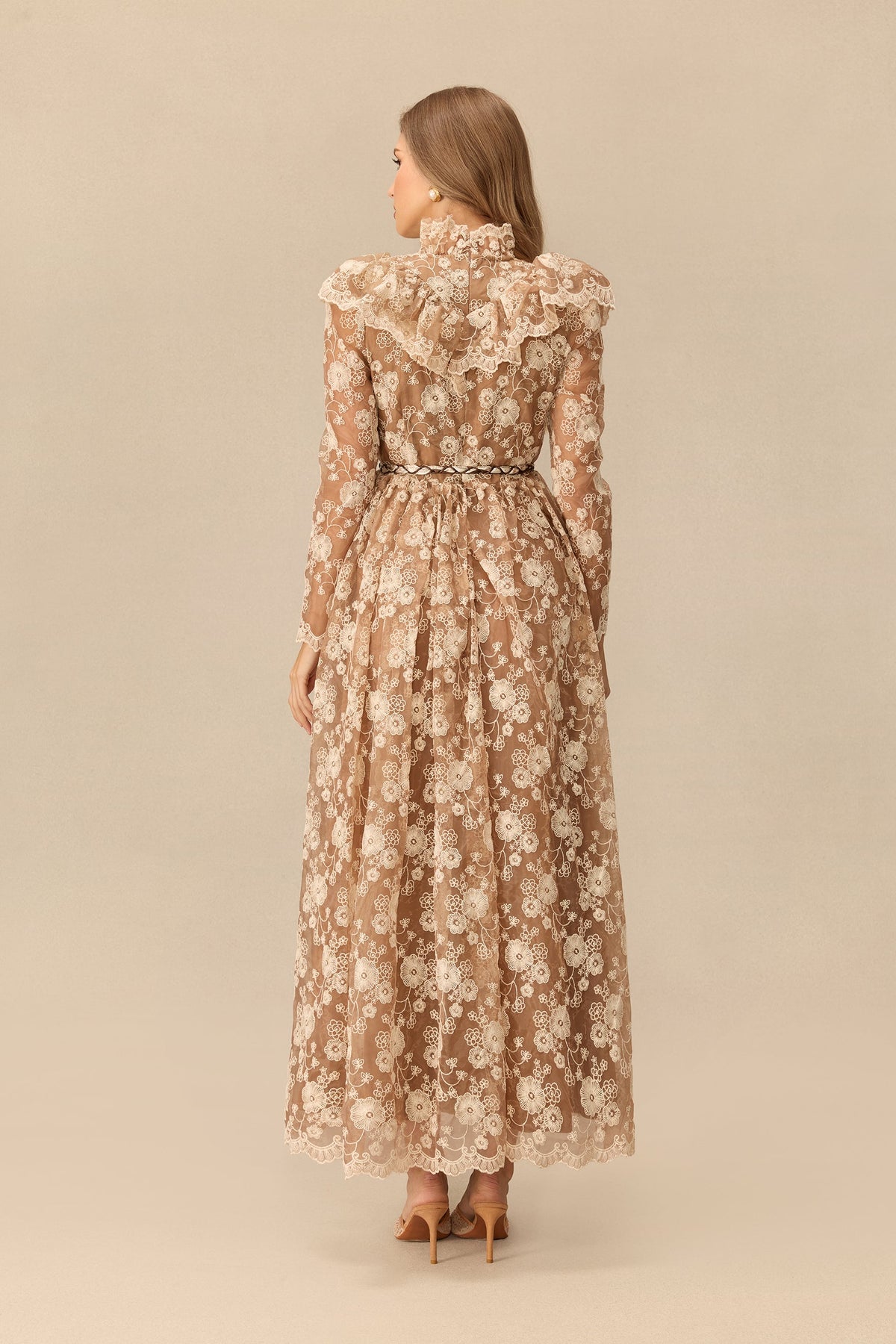 Floral Lace Ruffle Shoulder Long-Sleeve Belted Maxi Dress