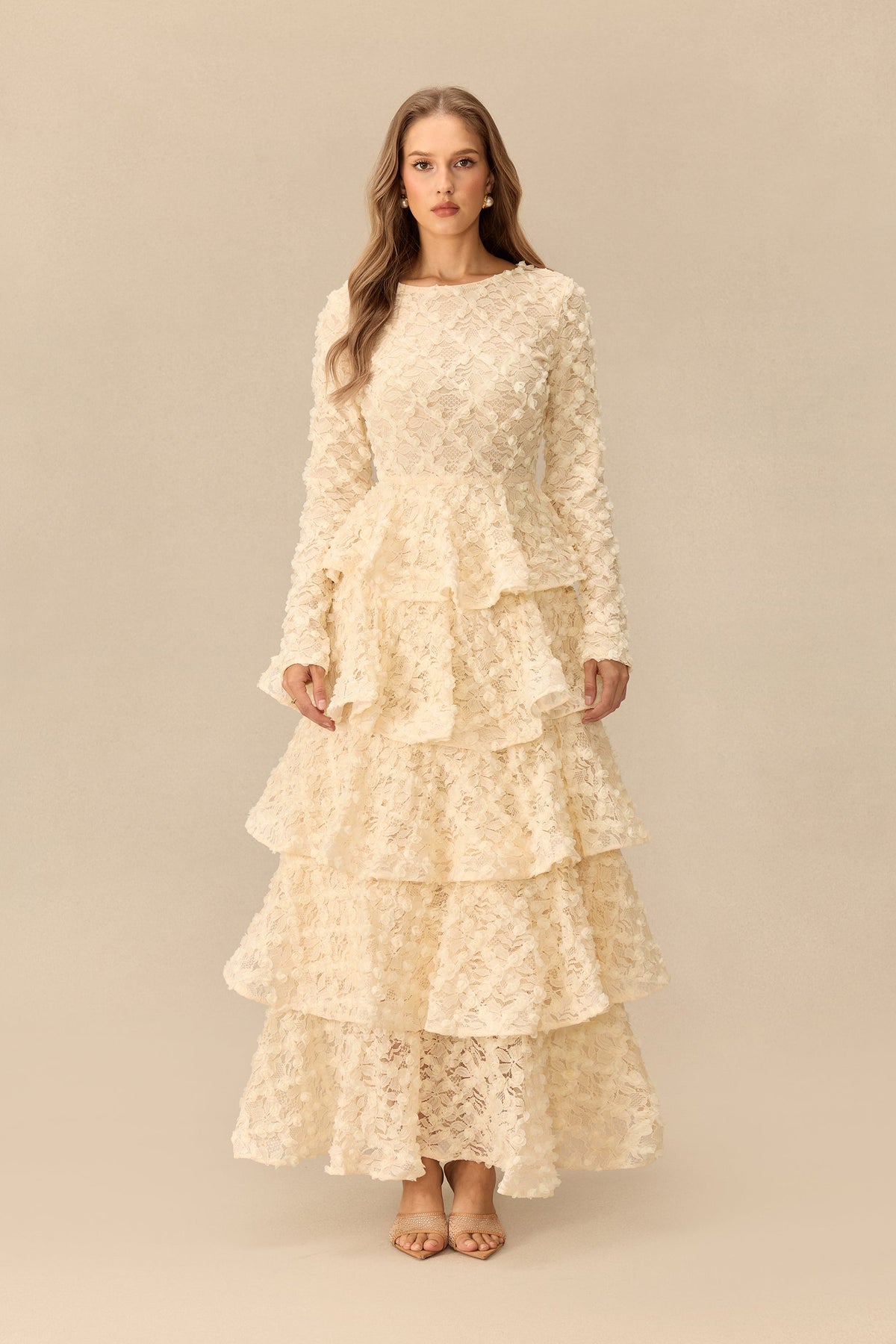 Floral Lace Tiered Long-Sleeve Wedding Guest Maxi Dress