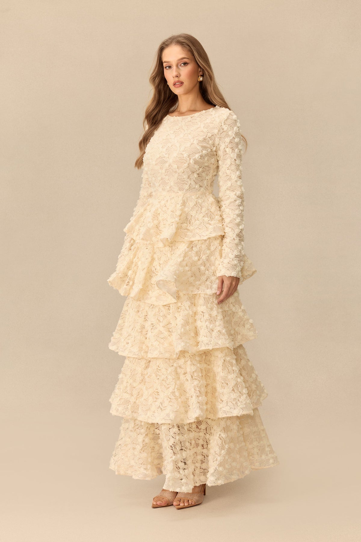 Floral Lace Tiered Long-Sleeve Wedding Guest Maxi Dress