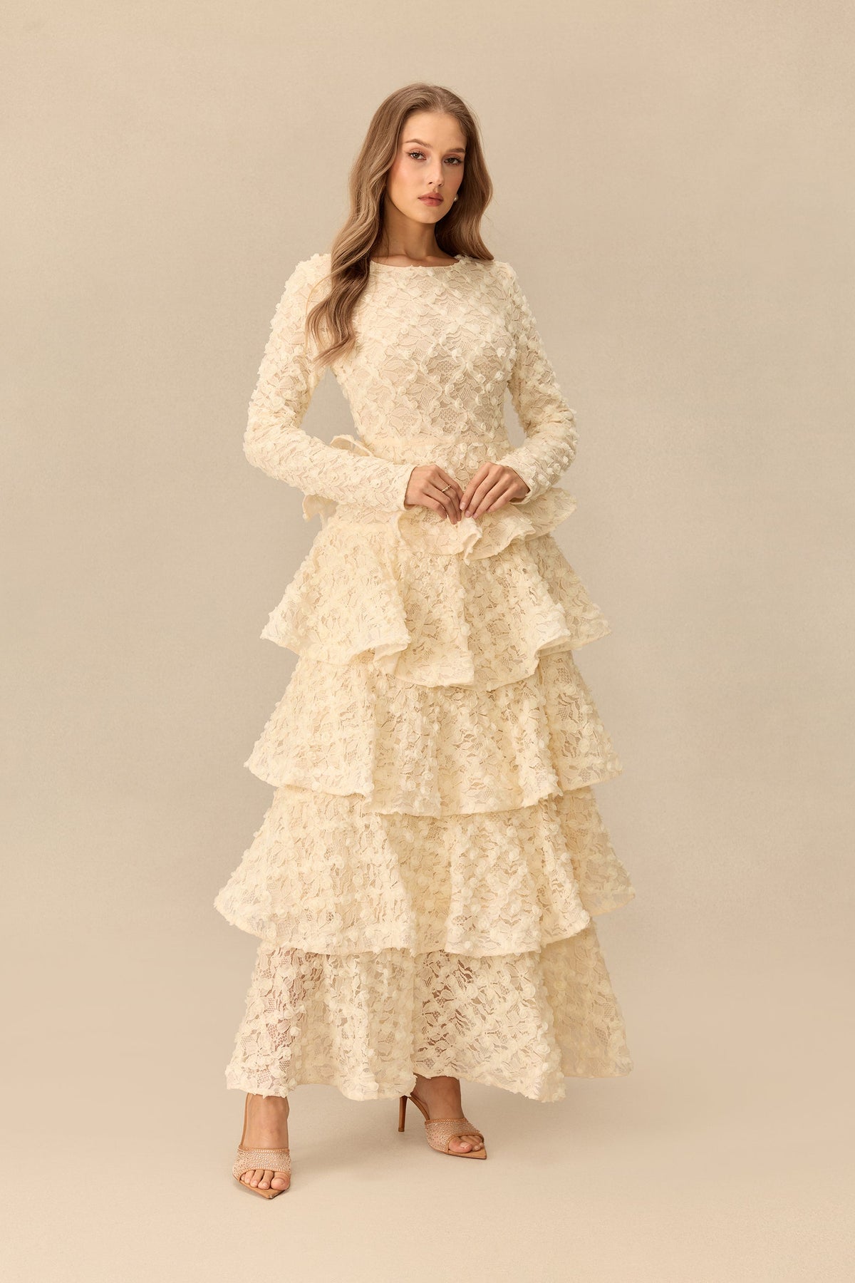 Floral Lace Tiered Long-Sleeve Wedding Guest Maxi Dress