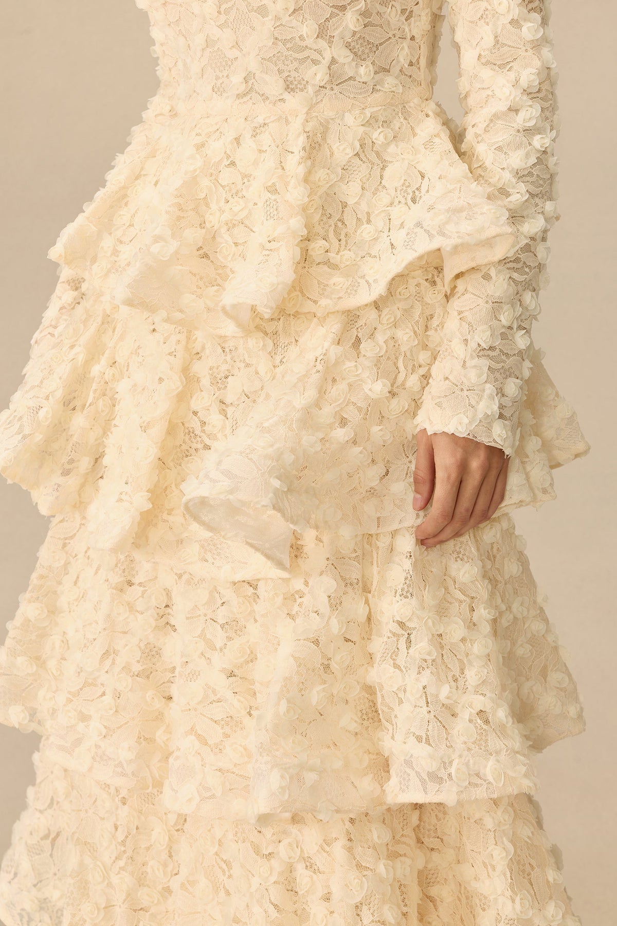 Floral Lace Tiered Long-Sleeve Wedding Guest Maxi Dress
