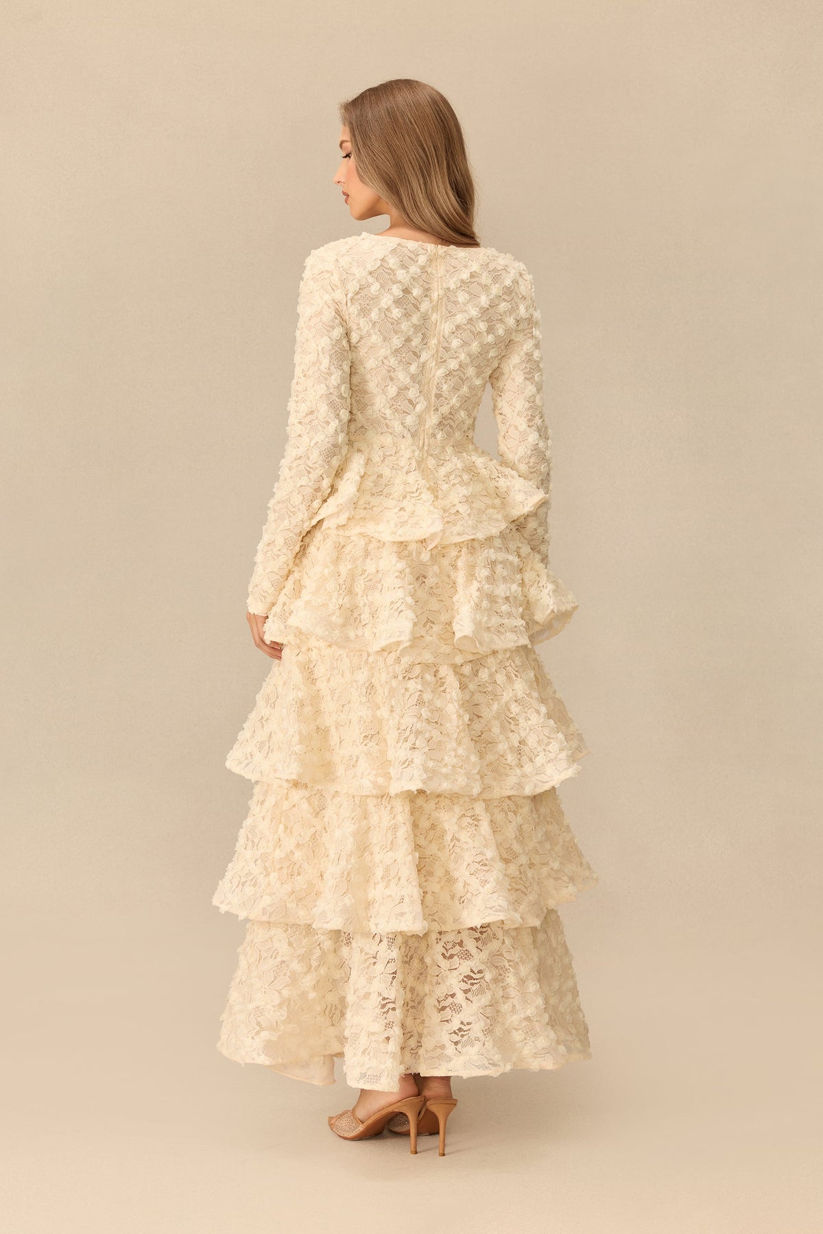 Floral Lace Tiered Long-Sleeve Wedding Guest Maxi Dress