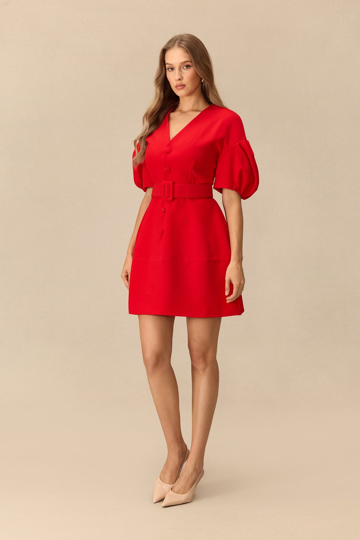 V-Neck Puff-Sleeve Belted Mini Dress