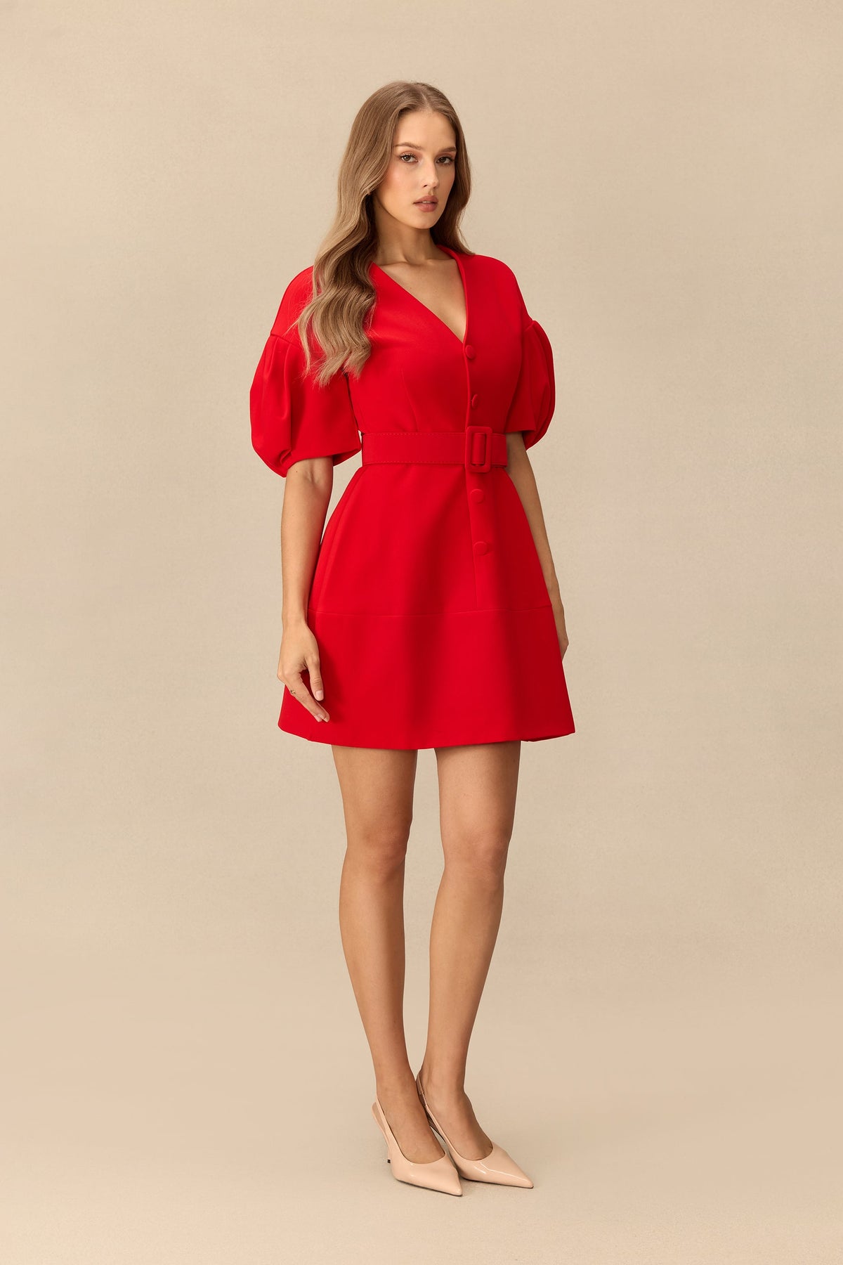 V-Neck Puff-Sleeve Belted Mini Dress