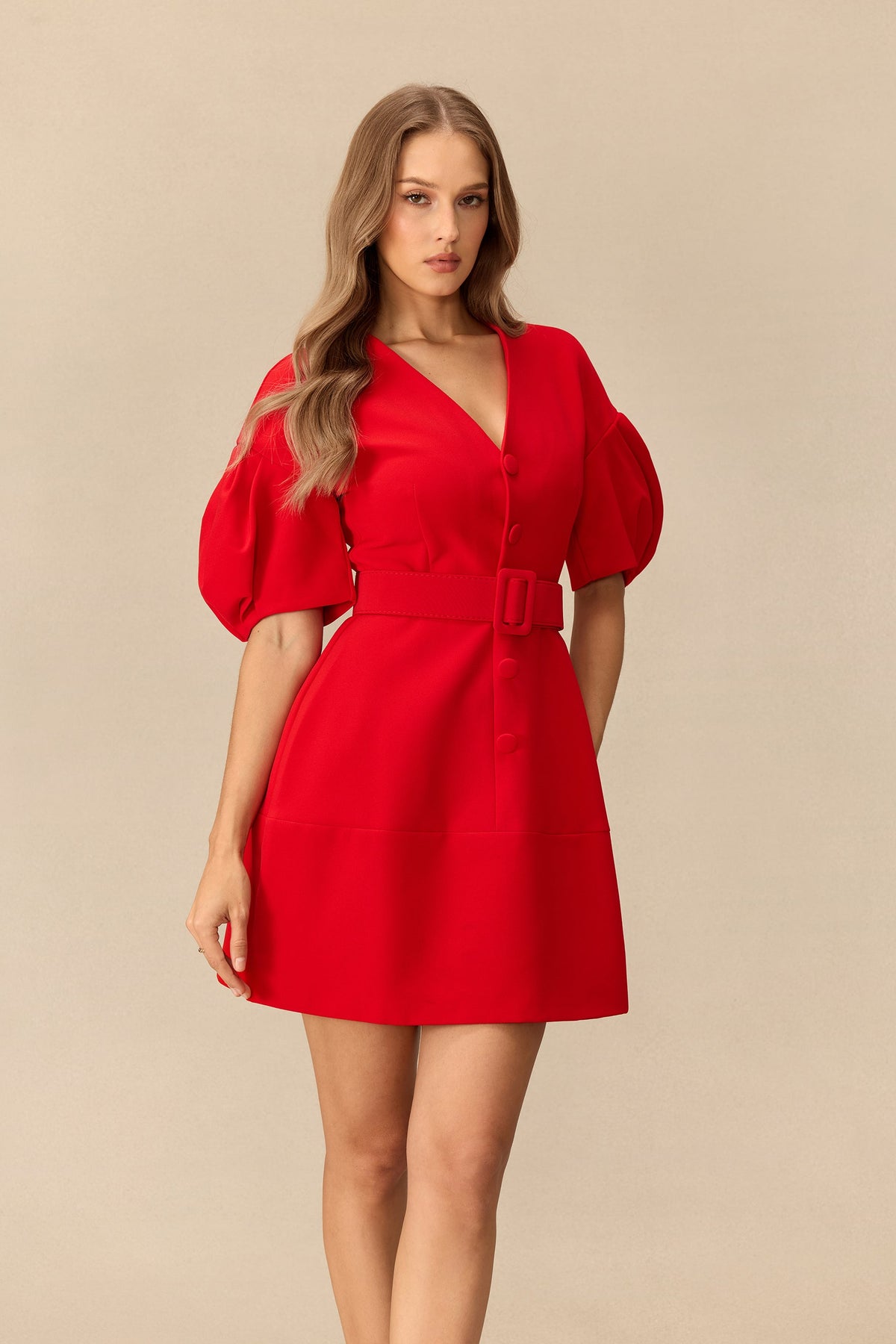 V-Neck Puff-Sleeve Belted Mini Dress