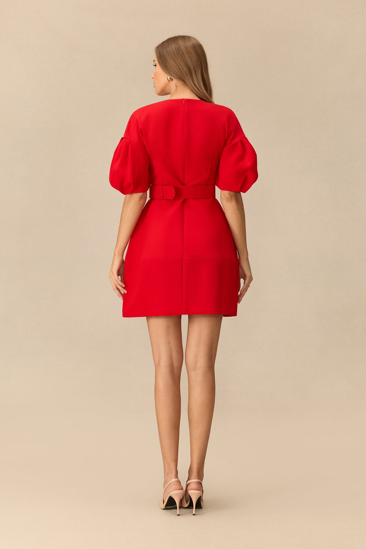 V-Neck Puff-Sleeve Belted Mini Dress