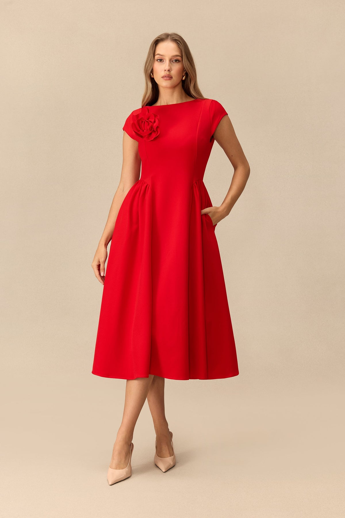Floral Appliqué Cap-Sleeve Wedding Guest Midi Dress