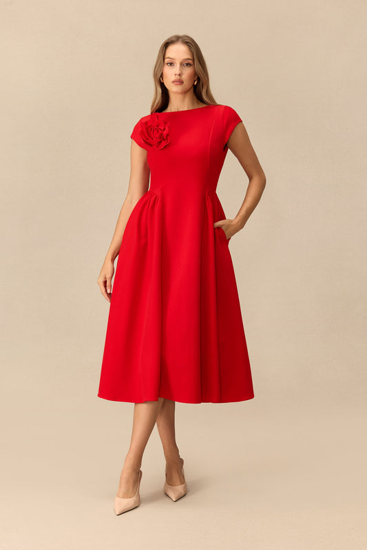 Floral Appliqué Cap-Sleeve Wedding Guest Midi Dress