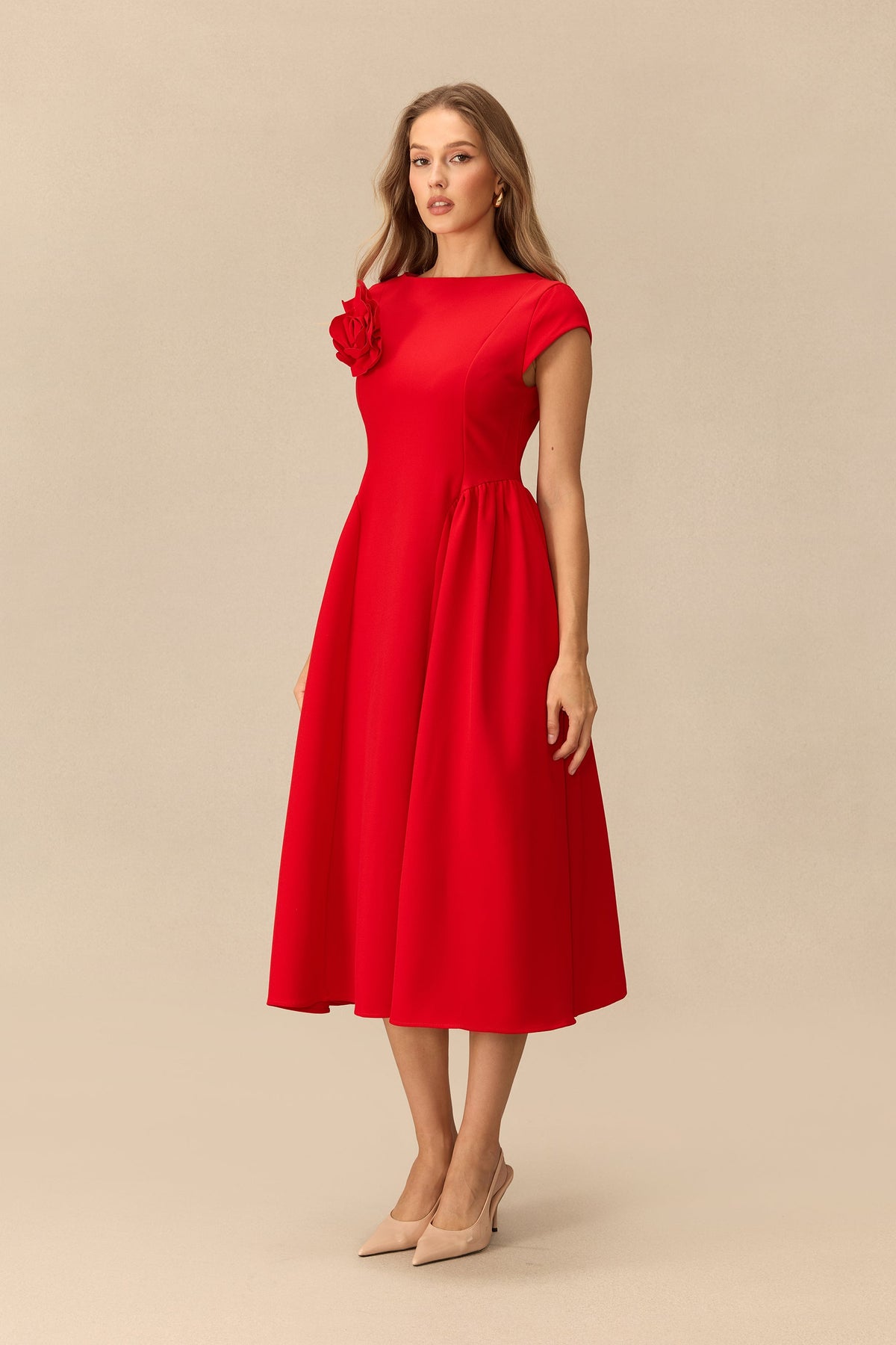 Floral Appliqué Cap-Sleeve Wedding Guest Midi Dress