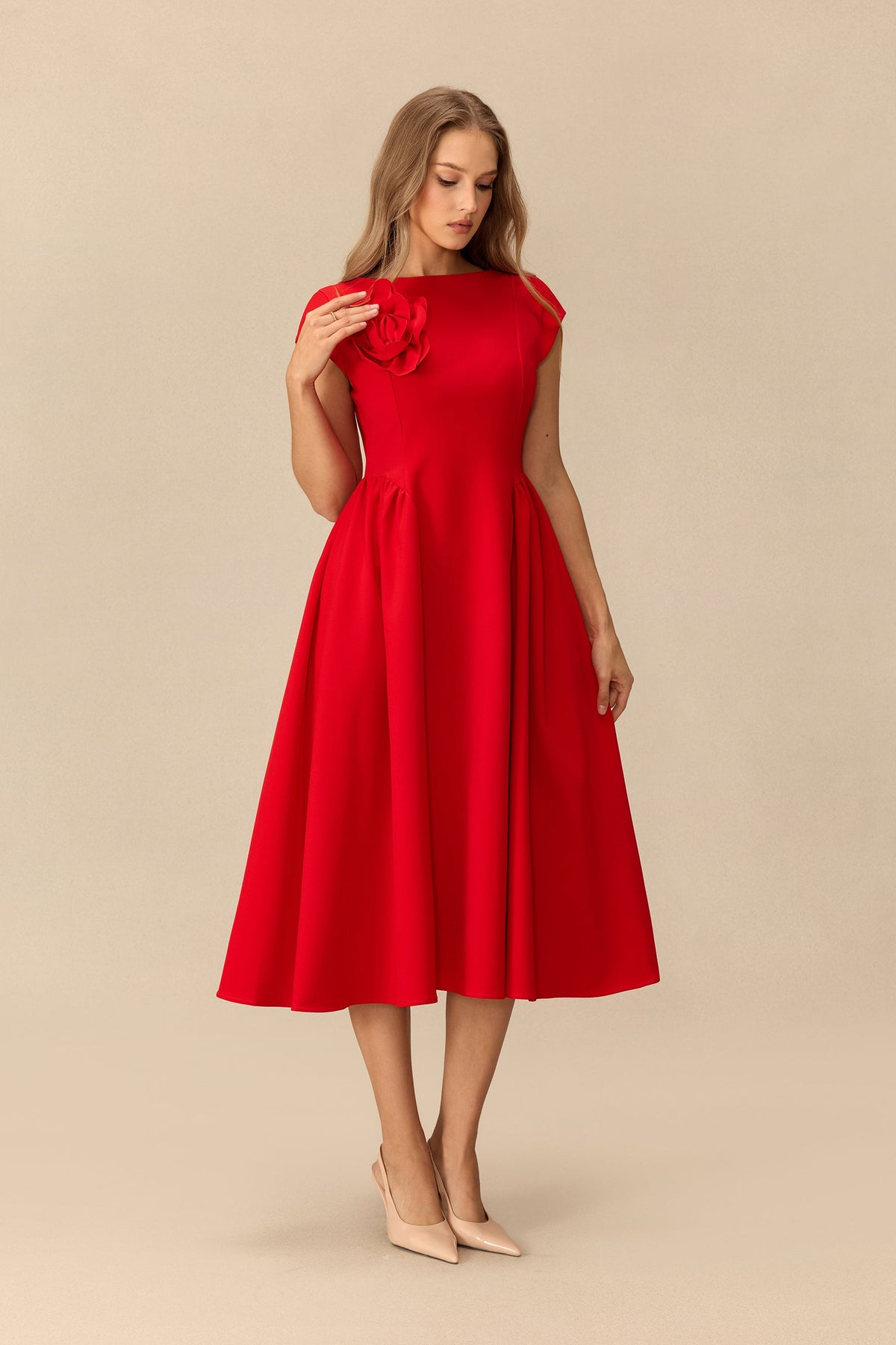 Floral Appliqué Cap-Sleeve Wedding Guest Midi Dress