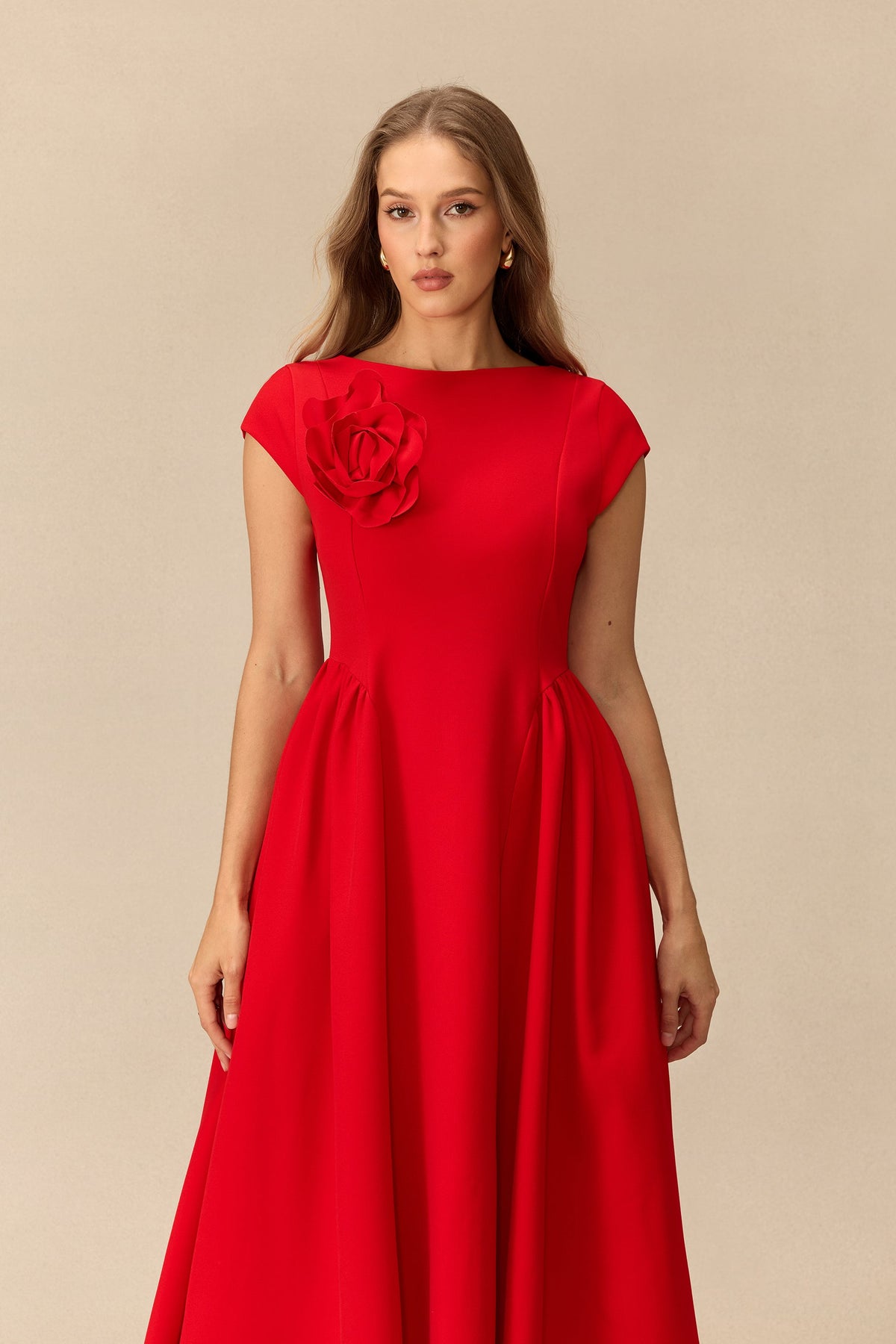 Floral Appliqué Cap-Sleeve Wedding Guest Midi Dress