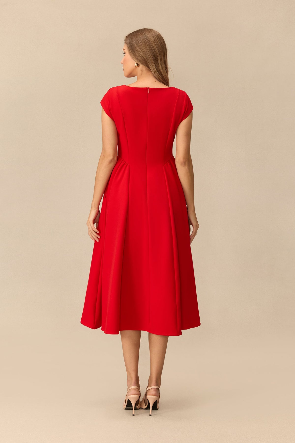 Floral Appliqué Cap-Sleeve Wedding Guest Midi Dress