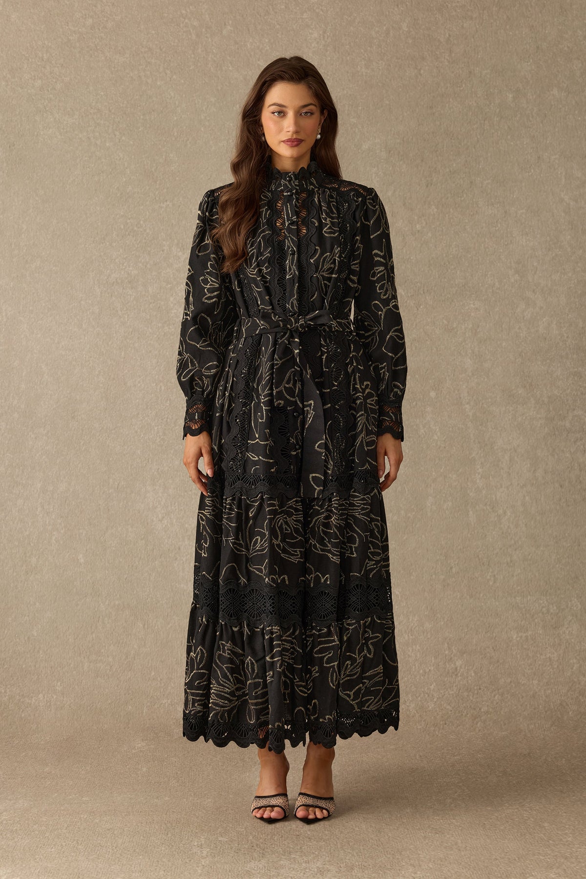 Black Gold Floral Embroidered Tiered Belted Long Puff-Sleeve Maxi Dress