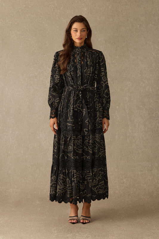 Black Gold Floral Embroidered Tiered Belted Long Puff-Sleeve Maxi Dress