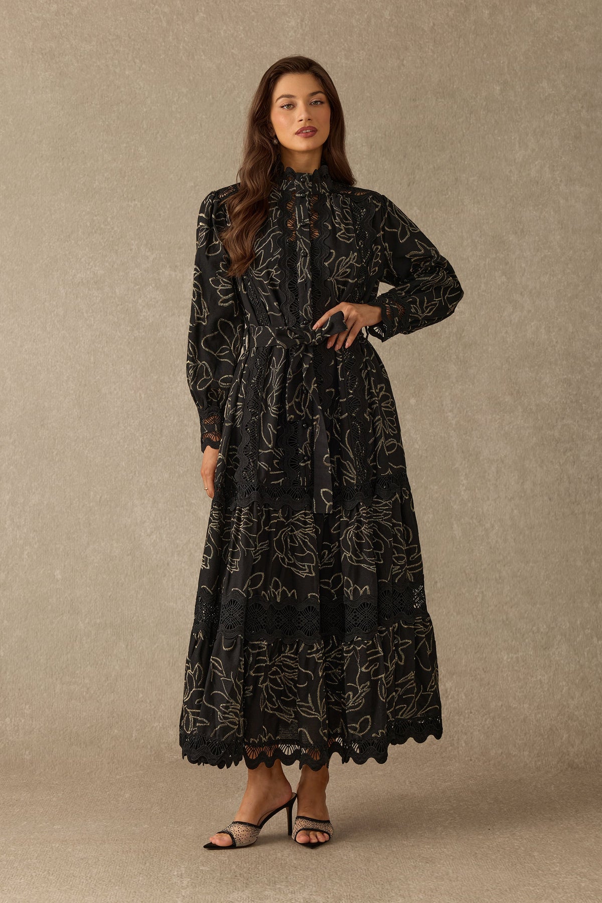 Black Gold Floral Embroidered Tiered Belted Long Puff-Sleeve Maxi Dress