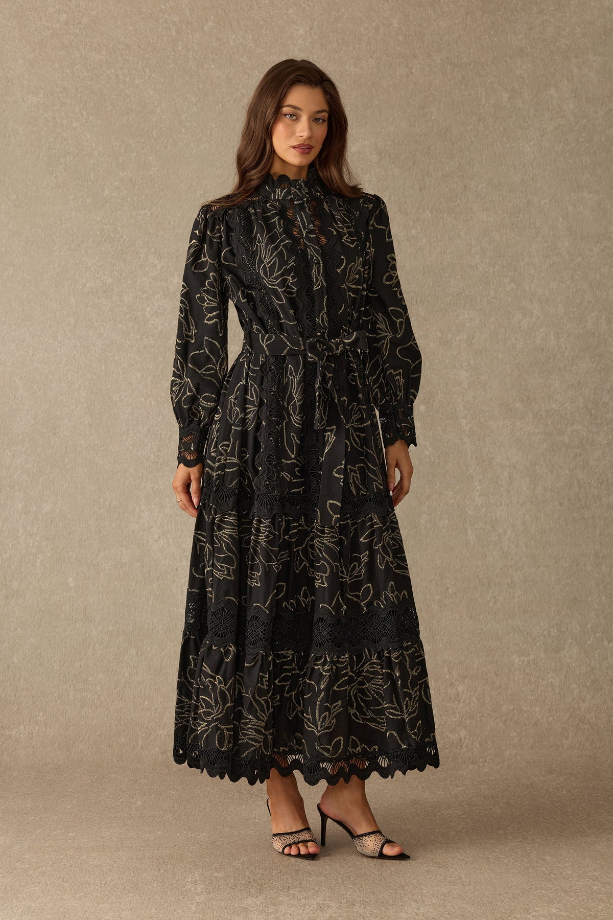 Black Gold Floral Embroidered Tiered Belted Long Puff-Sleeve Maxi Dress