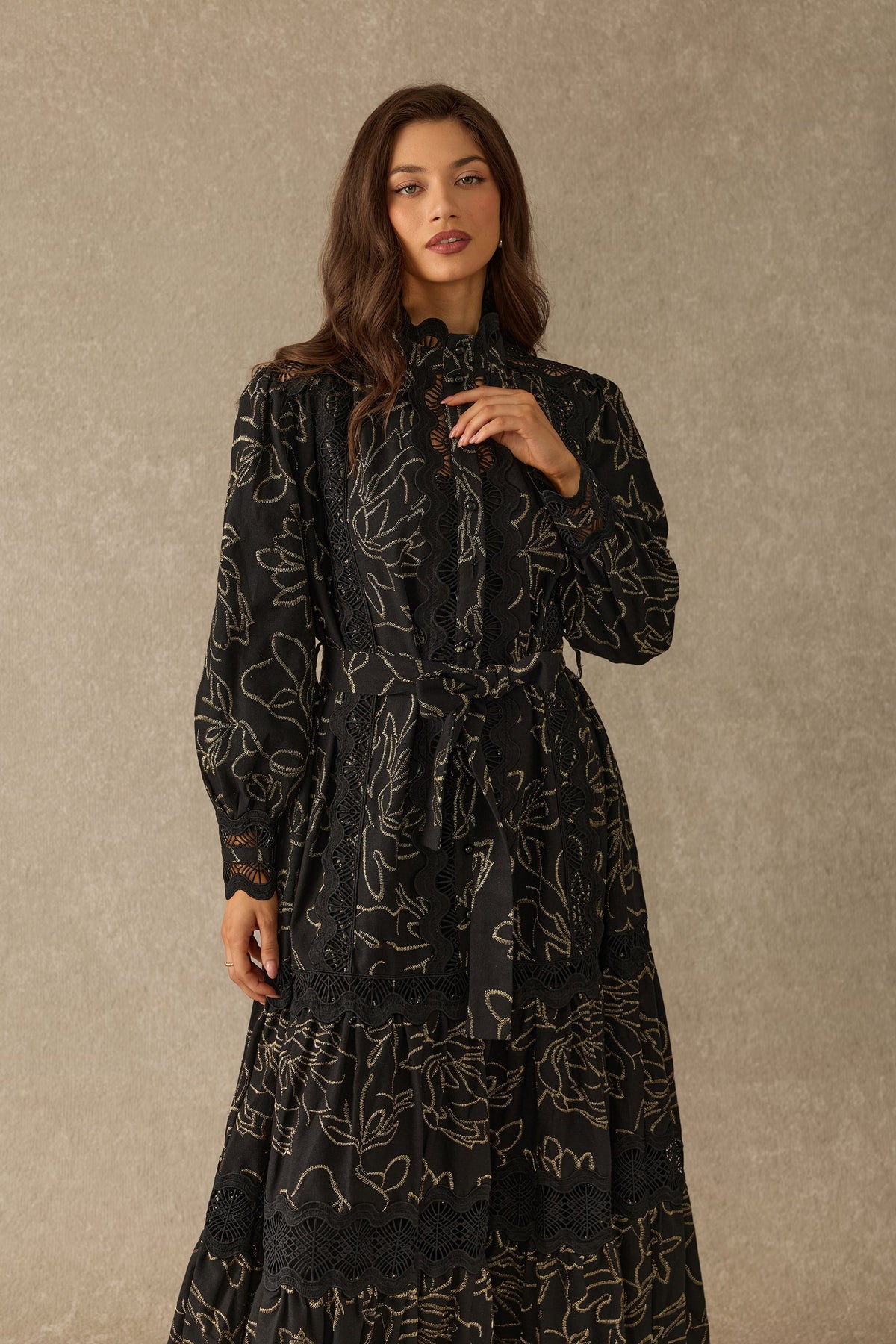 Black Gold Floral Embroidered Tiered Belted Long Puff-Sleeve Maxi Dress