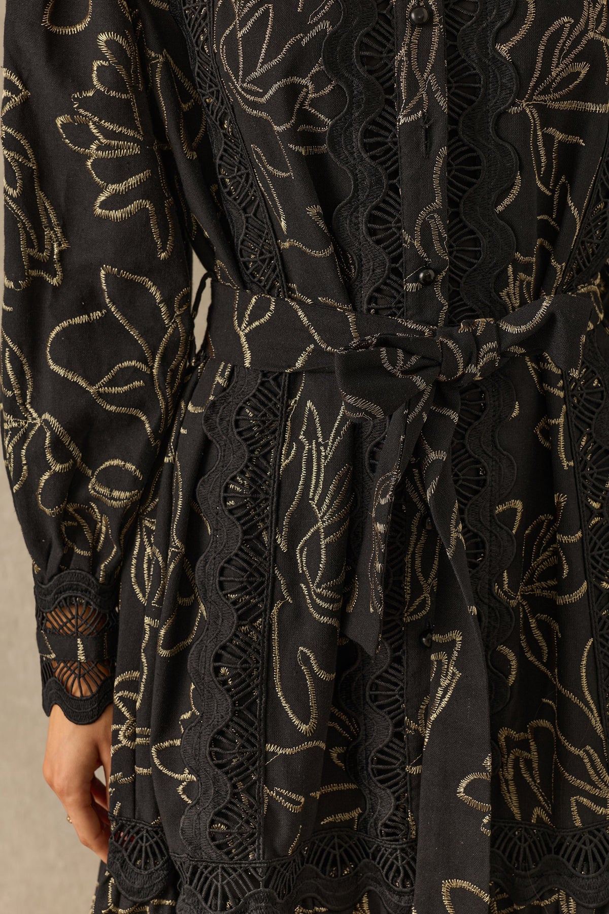 Black Gold Floral Embroidered Tiered Belted Long Puff-Sleeve Maxi Dress