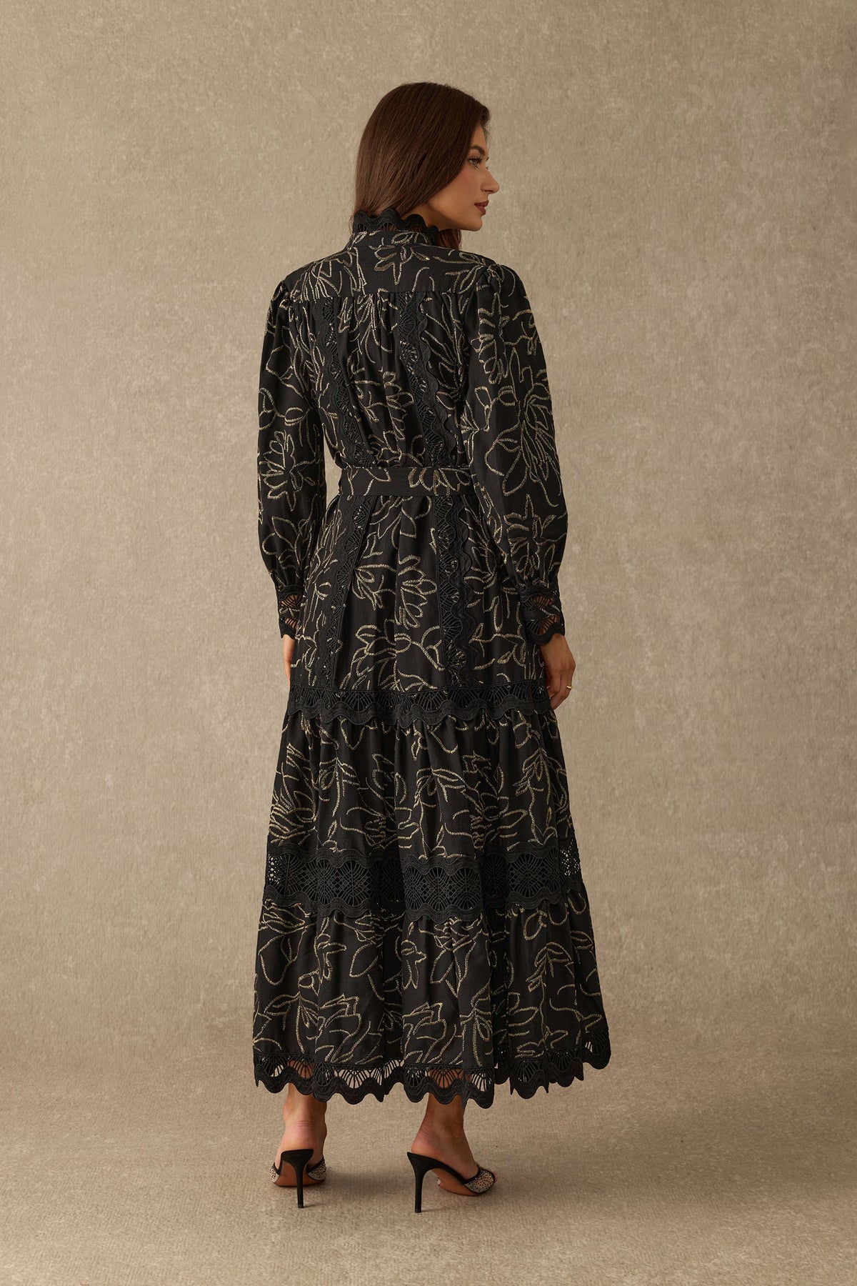 Black Gold Floral Embroidered Tiered Belted Long Puff-Sleeve Maxi Dress