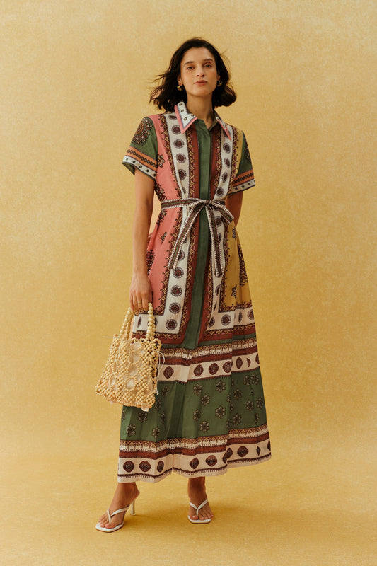 Multicolor Ethnic Print Belted Short-Sleeve Vacation Maxi Dress