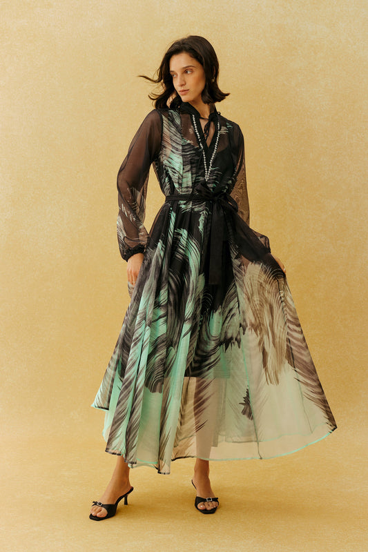 Black Leaf Print Chiffon Belted Long Balloon Cuff Sleeves Maxi Dress