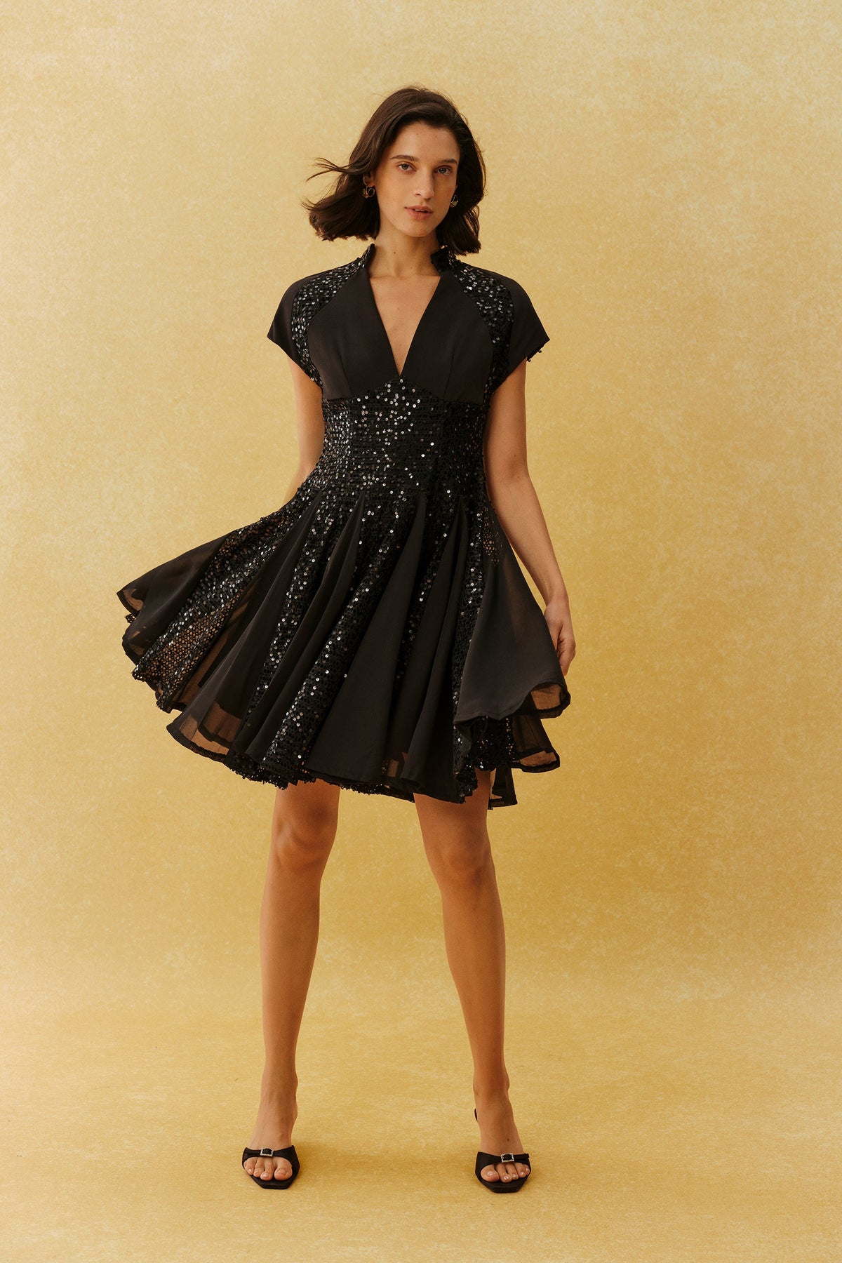 Black Sequin Split V-Neck Cap-Sleeve Cocktail Mini Dress